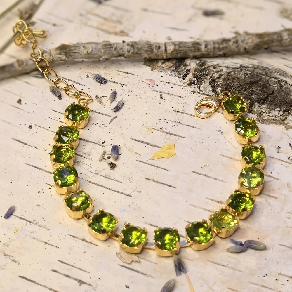 Natural Green Peridot 12.75  Total Carats In Classic Gold Plated Tennis Bracelet